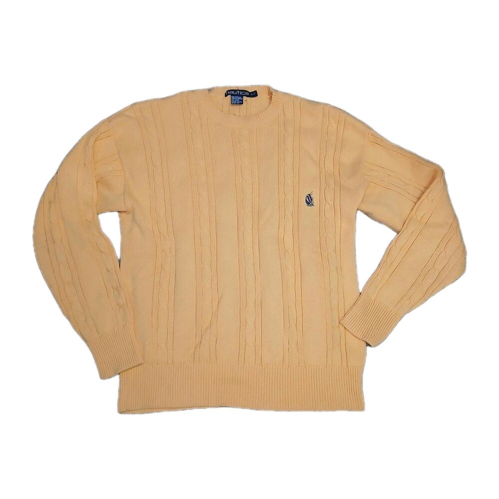 Nautica Men’s Small Sweater Butter Yellow Cable Knit Crewneck Cotton Pullover